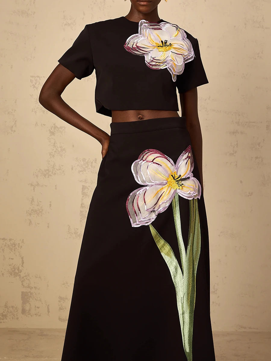 VGH Spliced Appliques Two Piece Set for Women O Neck Short Sleeve Top High Waist A Line Temperament Skirt Outfits Female Fashion