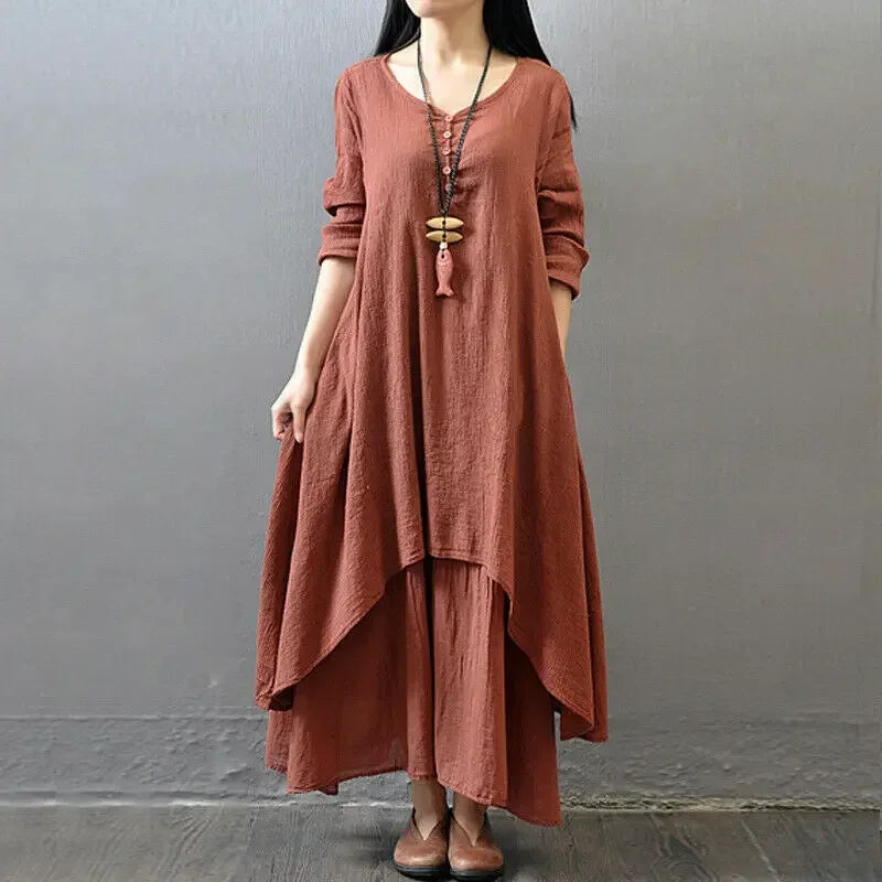 Women's Dress Long Dress Fashion Fake Two Pieces Loose Long Sleeve Art Big Swing Cotton Hemp Bohemian Cotton Vintage Women Dress - Kimlud