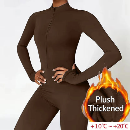 Warm Plush Sports Jumpsuits Women's Tracksuit One-Piece Fitness Suit Winter Gym Sets Long Sleeves Black Exercise Bodysuit Woman - Kimlud