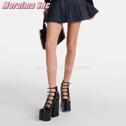 Patent Leather Platform Round Toe Pumps Block Super High Heel Belt Buckle Strap Sexy Fashion Women's Summer Shoes Black Solid
