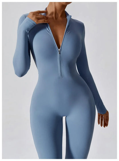 Yoga Jumpsuit Women Seamless Sports Zipper Jumpsuit Set Gym Long Sleeve Fitness Suit Elastic Gym Workout Bodysuit Athletic Wear - Kimlud