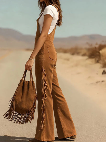 V Neck Tassel Button Patchwork Jumpsuits, Women Holiday Casual Wide Leg Pants Playsuits, 2026 Sleeveless Autumn Winter Overalls