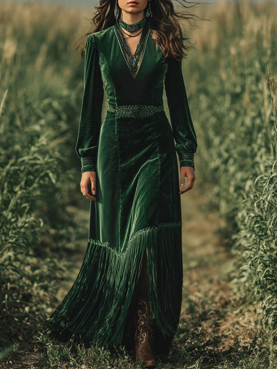 Elegant Women Velvet Dress Fringe Hem Sexy V Neck Long Sleeve Boho High Waist Lantern Sleeves A-Line Evening Party Maxi Dress
