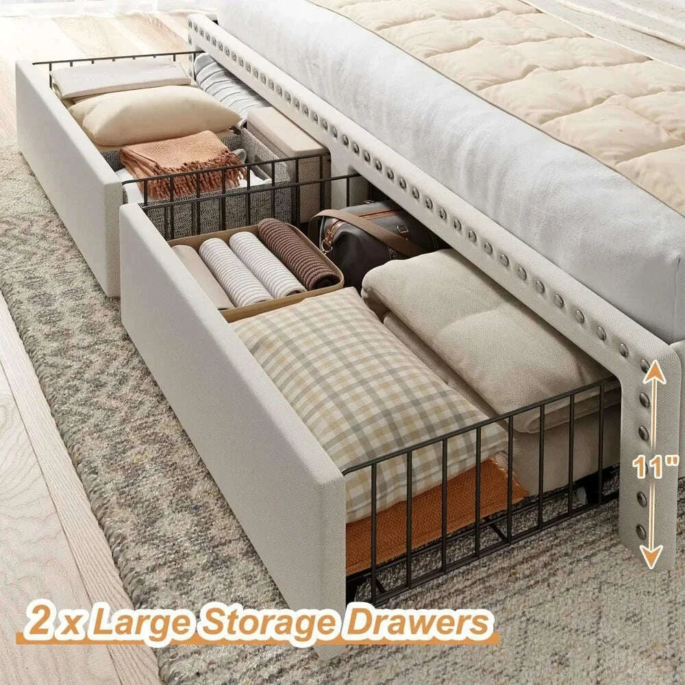 King Size Bed Frame with Storage and Headboard, Upholstered Kings Beds Frames with Storage, King Bed Frame with 2 Drawers