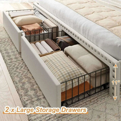 King Size Bed Frame with Storage and Headboard, Upholstered Kings Beds Frames with Storage, King Bed Frame with 2 Drawers