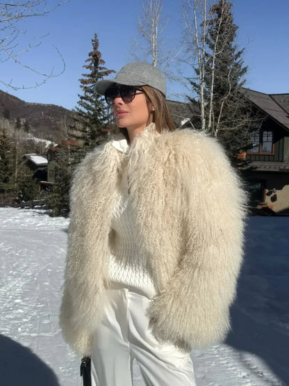 Casual Creamy-white Thick Faux Fur Short Coat Women Long Sleeve Turn Down Collar Warm Soft Jacket Female Winter Daily Outerwear