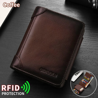 Men’s compact, high-capacity genuine leather wallet; top-grain cowhide wallet with multiple card slots; RFID protection