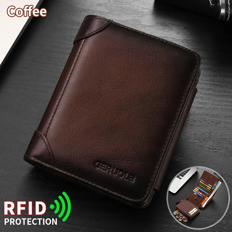 Men’s compact, high-capacity genuine leather wallet; top-grain cowhide wallet with multiple card slots; RFID protection