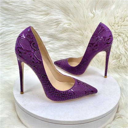 Luxury purple woman high heeled shoes shallow mouth pointed toe slip on unique shoes four season all game pattern snakes shoes - Kimlud