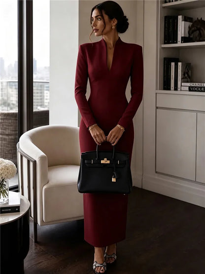 2026 Women's Fashion Evening Party Elegant Long Dress Solid V-Neck Long Sleeve Sheath Bodycon Maxi Dresses White Black Clothing