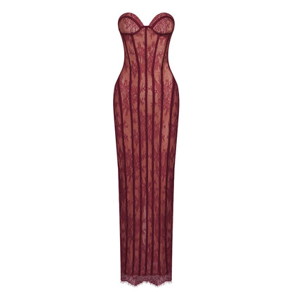 Sexy Strapless Lace Corset Long Dress Women Wine Red Black Sleeveless Summer Floral Slim Dresses Celebrity Evening Party...
