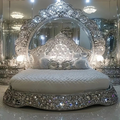European crystal bed Italian art furniture French luxury solid wood inlaid diamond shining master bedroom silver princess bed