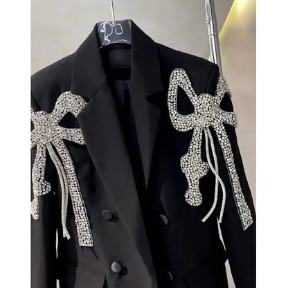 Women Bow Diamonds Beaded Black Blazer Coat Turn Down Collar Drilling Suits Jacket OL Crsytal Cardigan Crop Tops Chaqueta