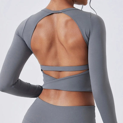 Cloud Hide SEXY Back Grey Yoga Shirts for Women Long Sleeve Pilates Blouse Sports Gym Fitness Top Running T-Shirt Workout Shirt - Kimlud