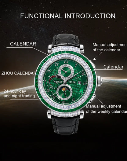 Reef Tiger Luxury Men's Automatic Mechanical Watch Green Dial Moon Phase Date Genuine Leather Strap Waterproof Dress...