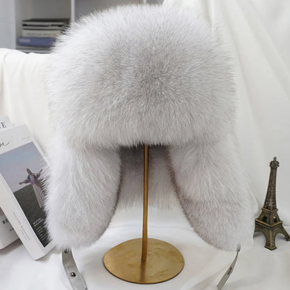 Fashion Winter Men's 100% Real Silver Fox Fur Bomber Hat Raccoon Fur Ushanka Cap Trapper Russian Man Ski Hats Caps Real Leather