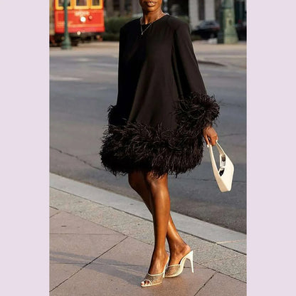 PLUS SIZE Feather Fur Patchwork Mini Dress Elegant Party Long Sleeve Dress Autumn Winter Women Sexy Personality Y2k Vestidos