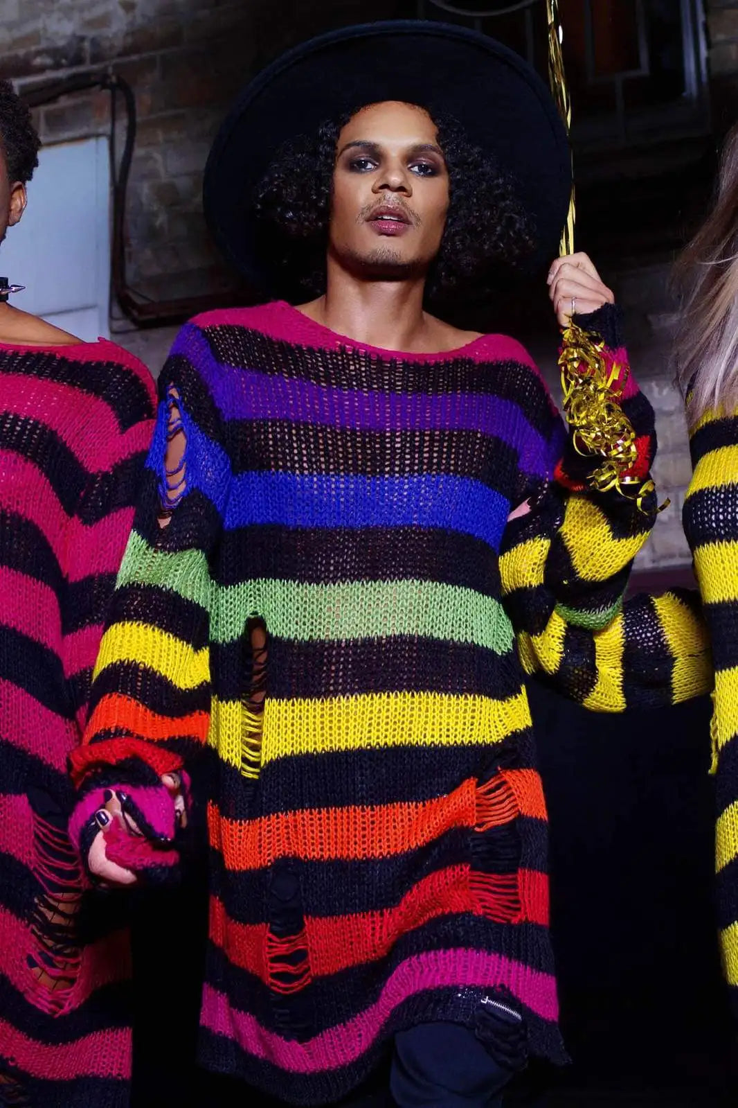 Fashion O-neck Long-sleeved Sweater For Women Autumn High Street Ripped Rainbow Gradient Stripes Mid-length Loose Sweater Female - Kimlud