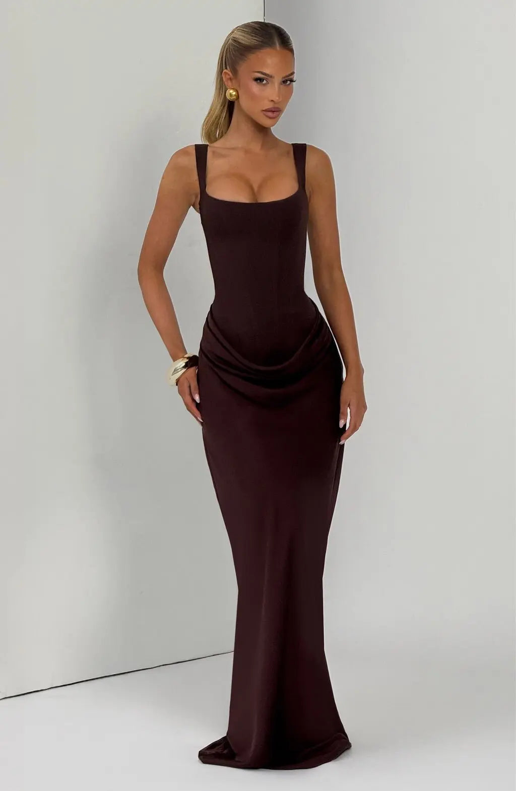 Women's casual long sleeved slim fit fishbone pure desire suspender jumpsuit long skirt slim fit solid color hip hugging dress