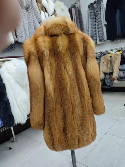 Women's Luxury Long Fox Fur Coat Real Fox Fur Jacket Winter Outerwear Silver Fox Fur Coat