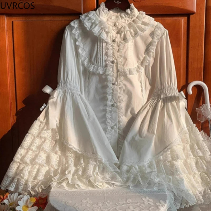 Japanese Sweet Cute Lolita Flare Sleeve Bow Shirts Women Y2k Aesthetic Lace Patchwork Blouse Kawaii Girl Loose Blusas Mujer Tops