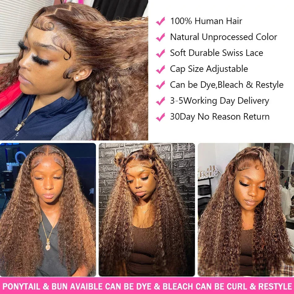 13x6 HD Curly Deep Wave Highlight Human Hair Wigs 250% Colored Honey Blonde Lace Front Wig Wear And Go Glueless Wig 30 34 Inch