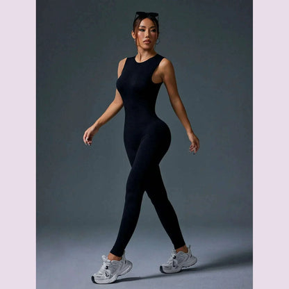 Tight Crewneck Sleeveless Jumpsuit, Zipper Closure Sports Yoga Slim Fit Long Seamless Jumpsuit, Women's Tracksuit