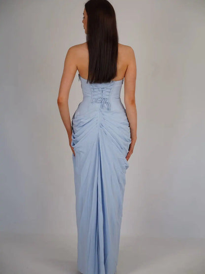 Ofherown Light Blue Strapless Evening Dress Prom Gown Ruched Chiffon Formal Party Dress With Lace-Up Back High Slit