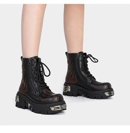 2025 New Punk Women Platform Ankle Boots Female's Rock Round Toe Lace Up Fashion Retro Chunky Shoes Metal Decor Short Boots