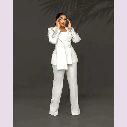 Customized Unique Design Beads Women Pants Suits White Wedding Blazer Jacket Guest Wear Slim Fit 2 Pieces