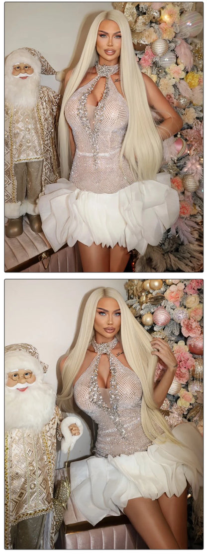 VC Shiny Silver Sequins Beaded Short Prom Dress Luxury Rhinestones Key Hole Halter Backless O Neck Short Tulle Cocktail Dress