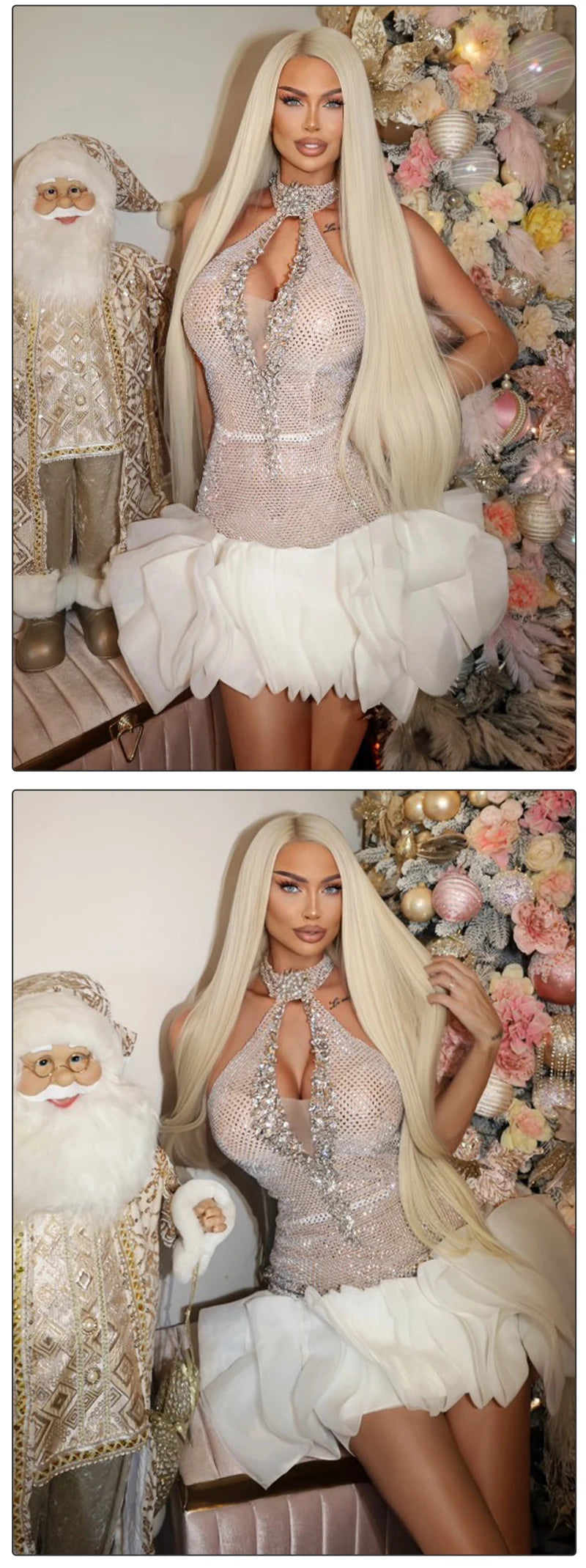 VC Shiny Silver Sequins Beaded Short Prom Dress Luxury Rhinestones Key Hole Halter Backless O Neck Short Tulle Cocktail Dress