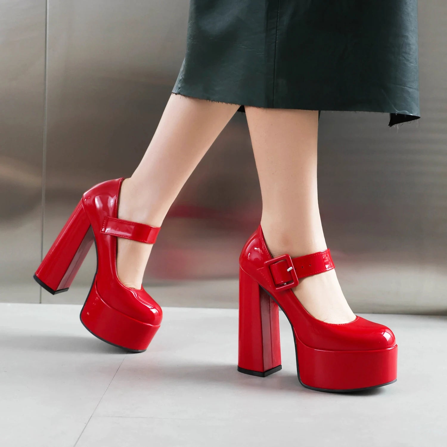 Women Platform Pumps Mary Jane Heels Shoes 2026 Sexy Size 43 with Strap Red Red White