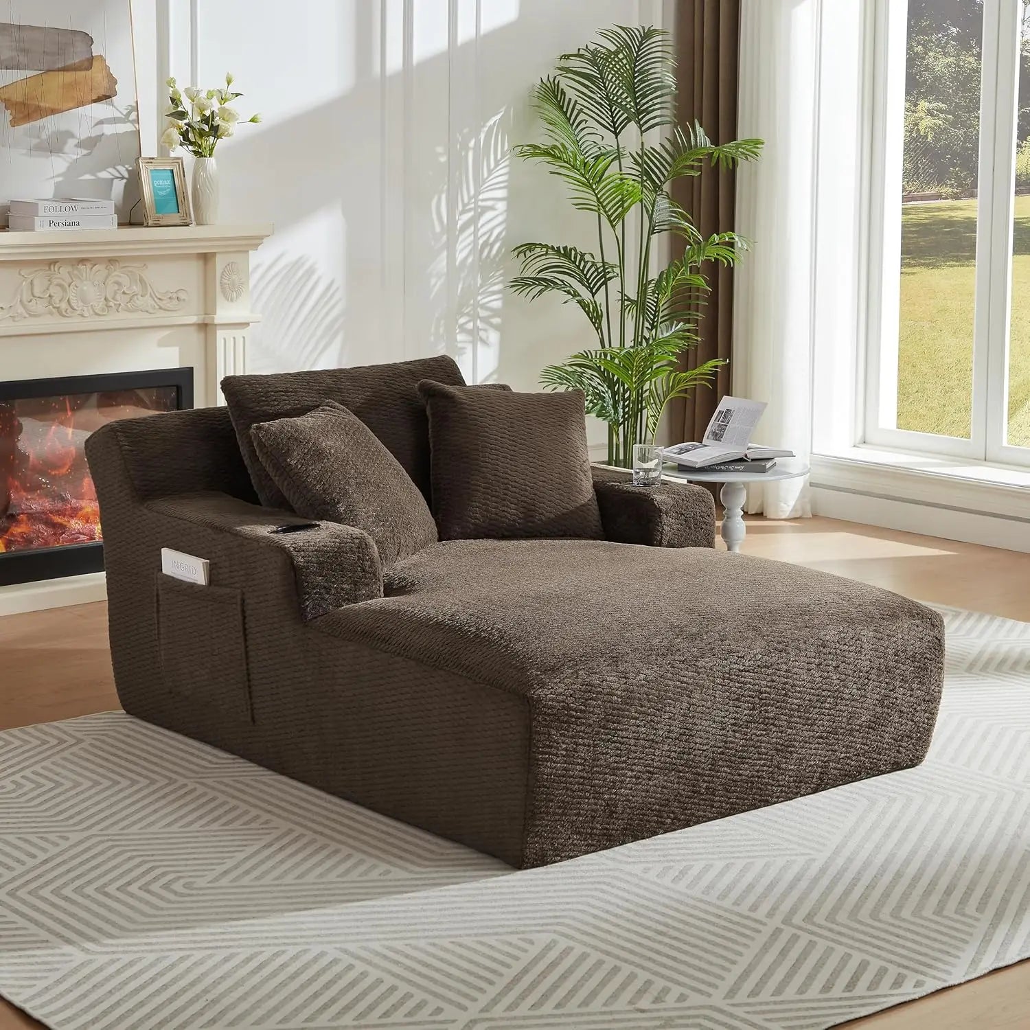 67" Oversize Chaise Lounge Deep Seat 2 Cup Holders Storage Pockets Living Room Bedroom Office Brown Customized - Kimlud