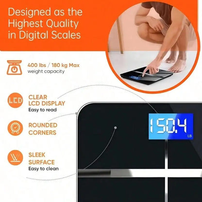 Multi-Function Smart Body Fat Scale - 390lbs Capacity, Tempered Glass, LCD Large Digits, For Home/Fitness/Outdoor - Kimlud