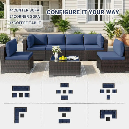 7-Piece Outdoor Patio Furniture Set, Rattan Wicker Sectional with Manual Weaving and Tea Table | Kimlud Outdoor Luxury Table