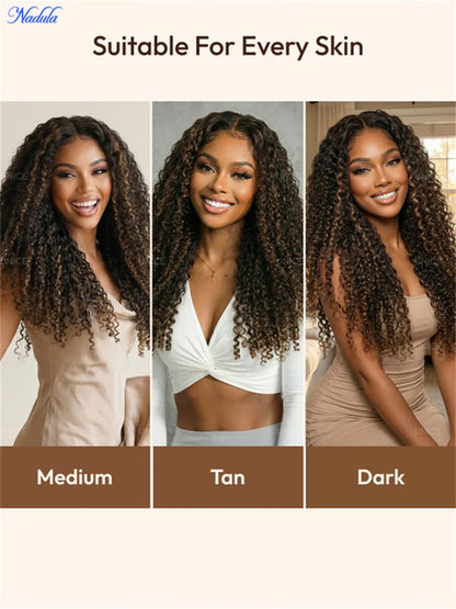 Nadula Bye Bye Knots Burmese Curly Glueless Wig with Finger Coils Ends Chestnut Brown 7x5 Pre Cut Lace Drawstring Human...