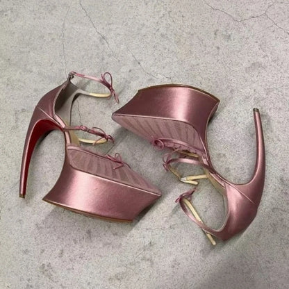 2026 Women's Stiletto High HeelsThick Bottom Headband BuckleSilk Bow BanquetSandals European AndAmerican Nightclub Fashion Shoes