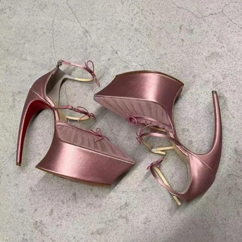 2026 Women's Stiletto High HeelsThick Bottom Headband BuckleSilk Bow BanquetSandals European AndAmerican Nightclub Fashion Shoes