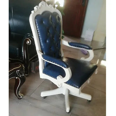 12American Genuine Leather Retro Carved Solid Wood Swivel Chair Office Chair Lift | Kimlud Vintage Luxury Home