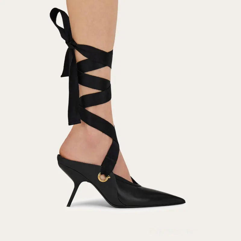 2025 Summer Women's Stiletto Ballet Sandals with Pointed Ankle Ribbons, Fashion Party Dance Shoes, Women's Large Fashion Sandals - Kimlud