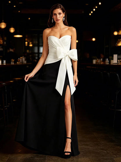 Sexy Strapless Black and White Patchwork Butterfly Bow Long Dress Women Sleeveless Ruched Split Slim Dresses Evening...