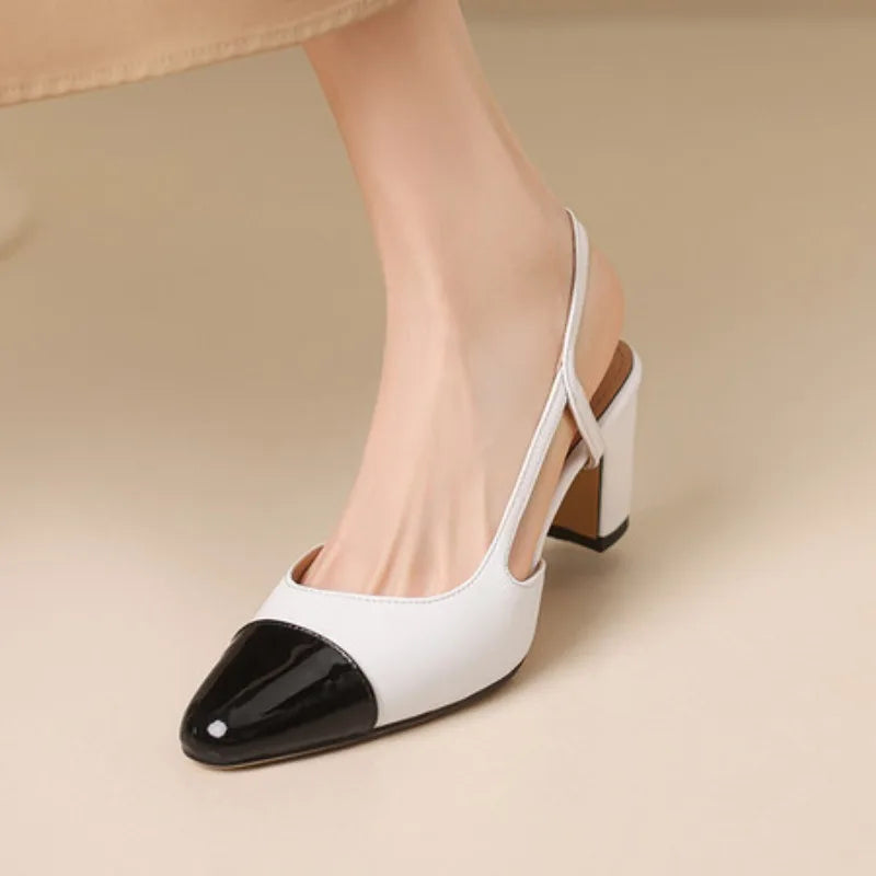 Big Size 45 Women Slingbacks Shoes High Heels Thick High Heel Leather Mixed Colors Pumps Ladies - Kimlud