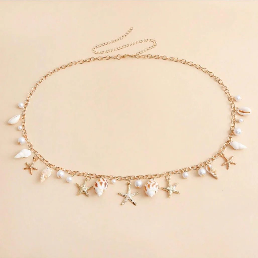 Bohemian Summer Beach Shell Waist Chain, Imitation Pearl Starfish Conch Jewelry,Seaside Waist Accessory for Women - Kimlud