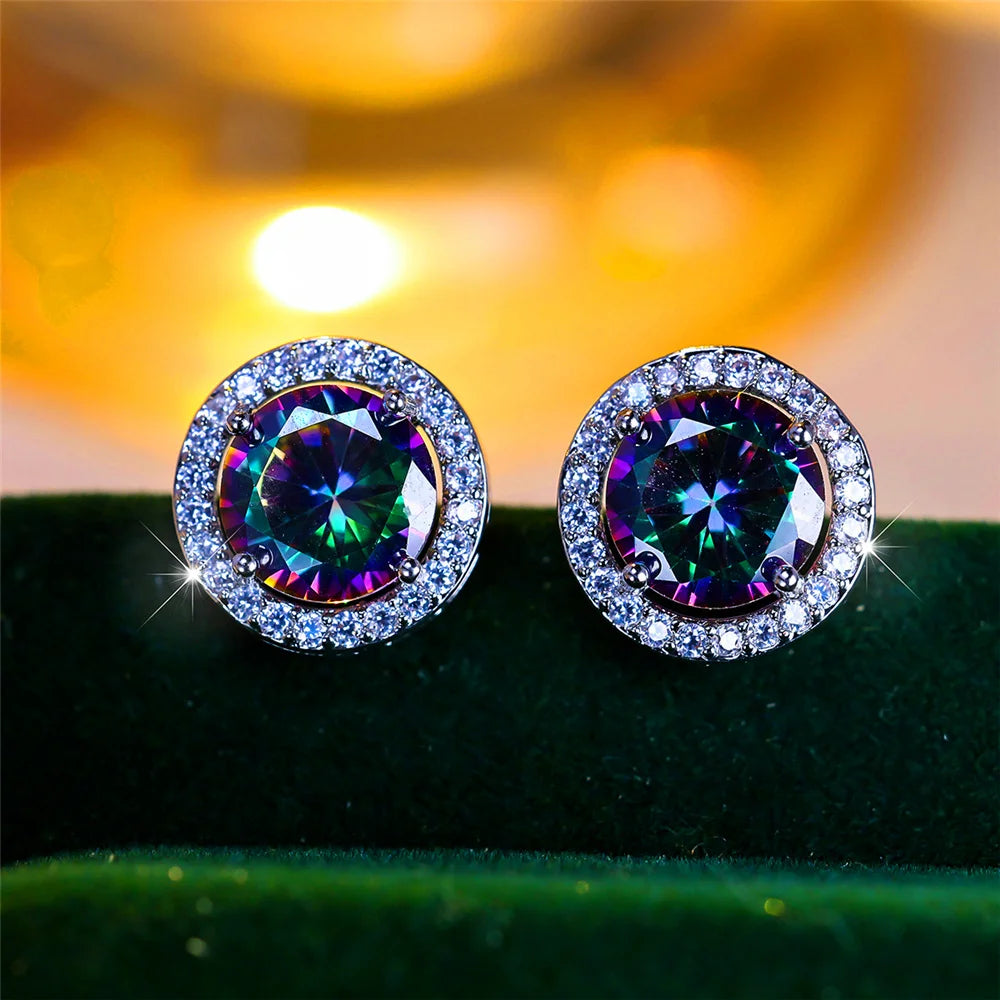 Luxury Female Crystal Purple Blue Green Round Stud Earrings Silver Color Wedding Jewelry For Women | Kimlud Luxury Jewelry