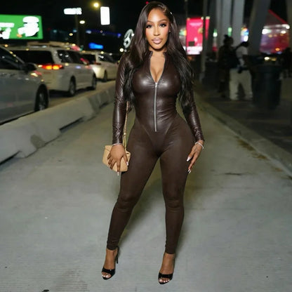 Fashion Black PU Leather Patchwork Skinny Jumpsuits Women O-neck Full Sleeve Zipper Booty Lifting Slim Fit Casual Overalls - Kimlud