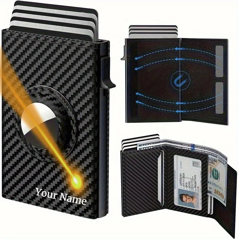 Customized Name Men's Card Holder High Quality Carbon Fiber Wallet RFID Blocking Pop-up Card Purse with Air Tag Positioning Slot