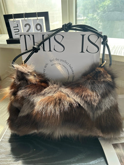 Winter Fox Fur Bag Women's  Bag Fashion  Handbag Ladies Bags Purses Women Shoulder Bag Real Silver Fox Fur Messenger Bags
