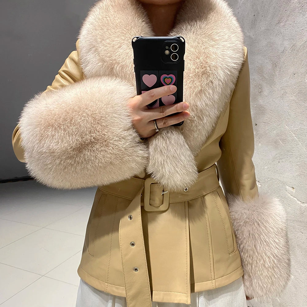 YOLOAgain Women's Real Fox Fur Collar Sheepskin Leather Jacket Coat Autumn 2024