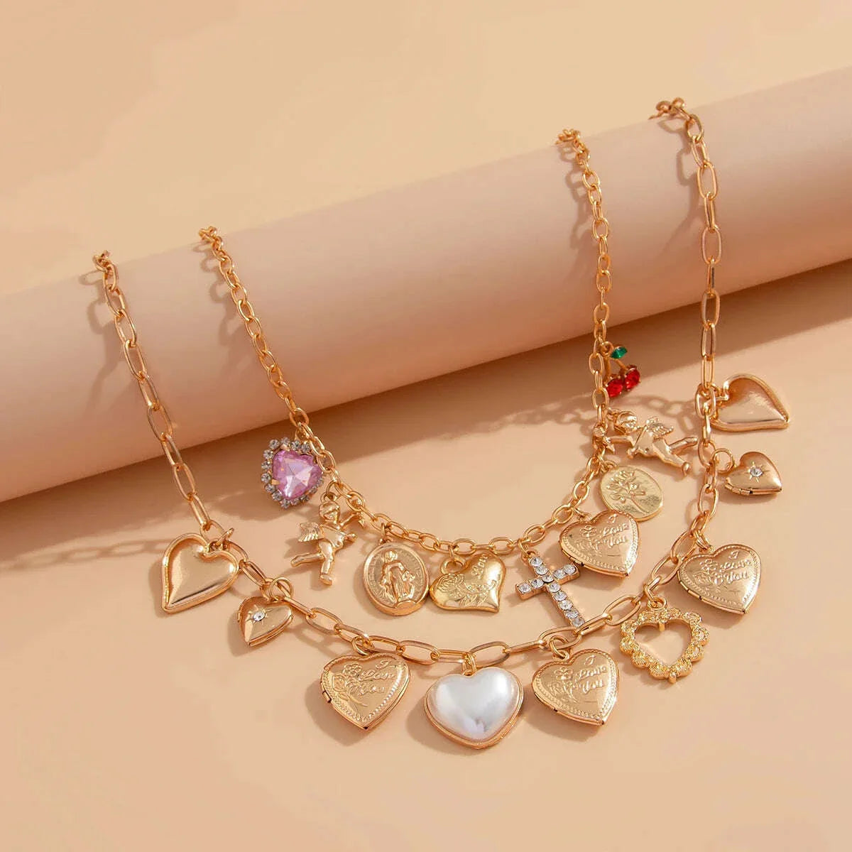 Ingemark 2Pcs/Set Punk Classic Metal Chain Necklace for Women Vintage Love Heart Rhinestone Cross Pendant New Year Jewelry Gift